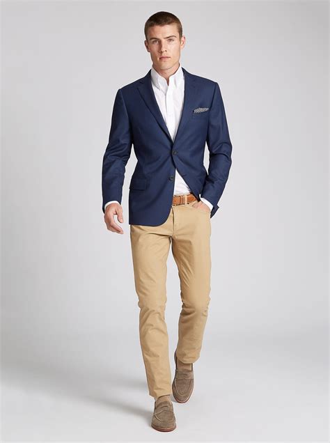 khaki pants with blue blazer.